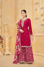 Red Roman Silk Thread & Sequins Embroidery Work Palazzo Set