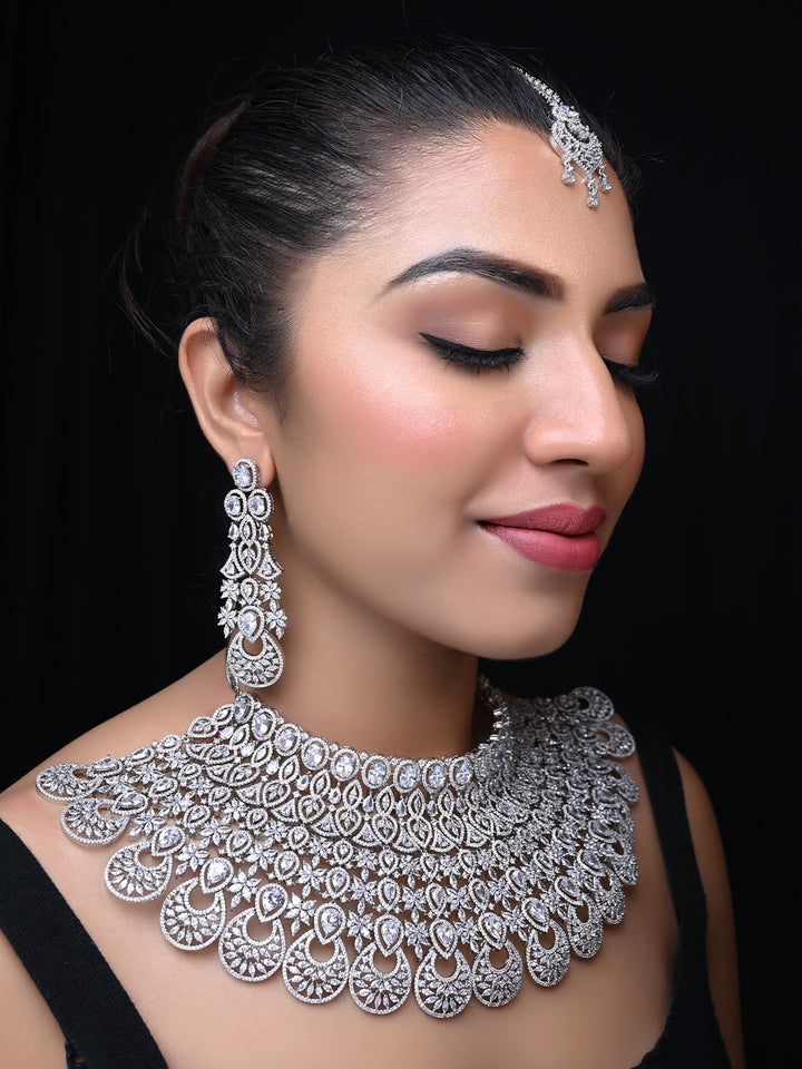 Exquisite Rukhsaar Bridal Look American Diamond Necklace Set with intricate detailing
