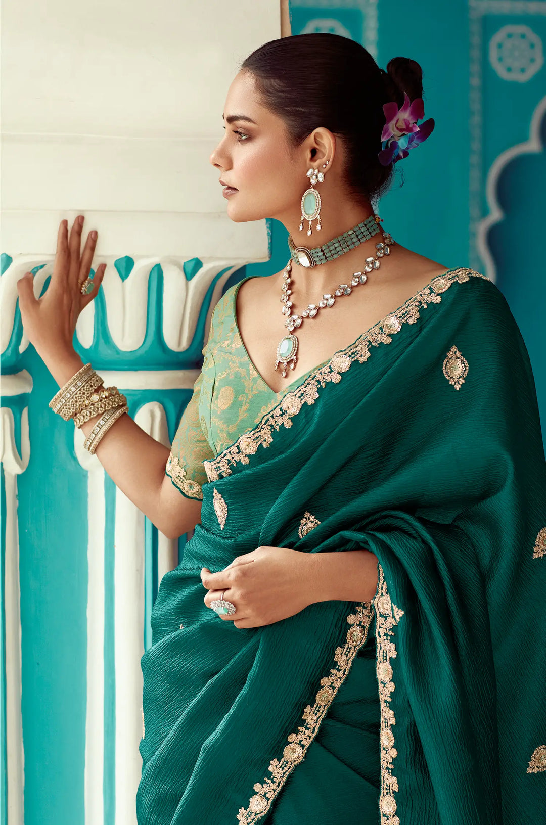Dark Green Organza Embroidery Work Party wear Saree - qivii