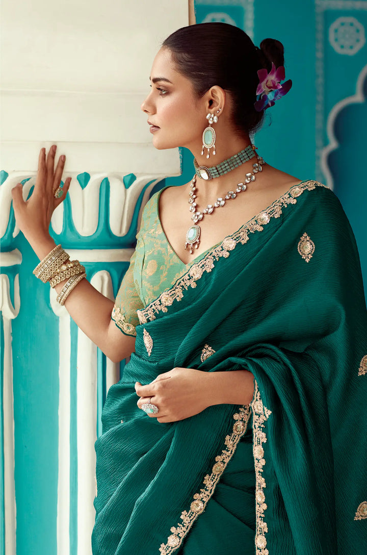 Dark Green Organza Embroidery Work Party wear Saree - qivii