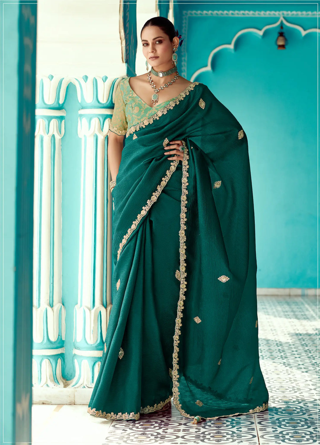 Dark Green Organza Embroidery Work Party wear Saree - qivii