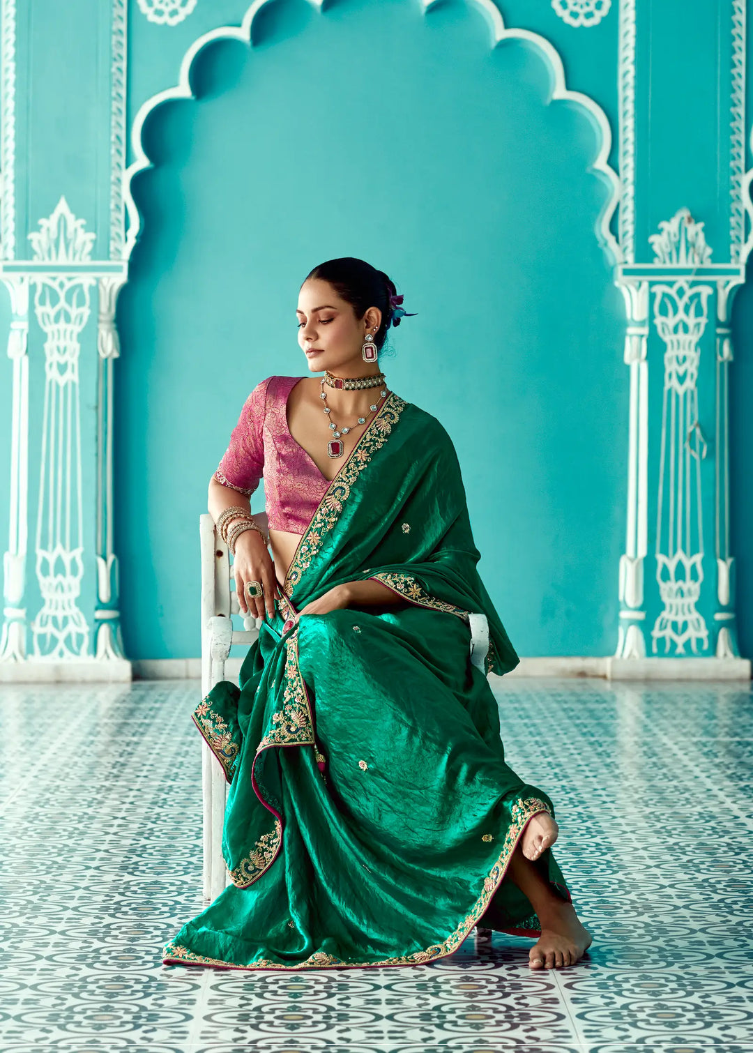 Green Organza Embroidery Work Party wear Saree - qivii