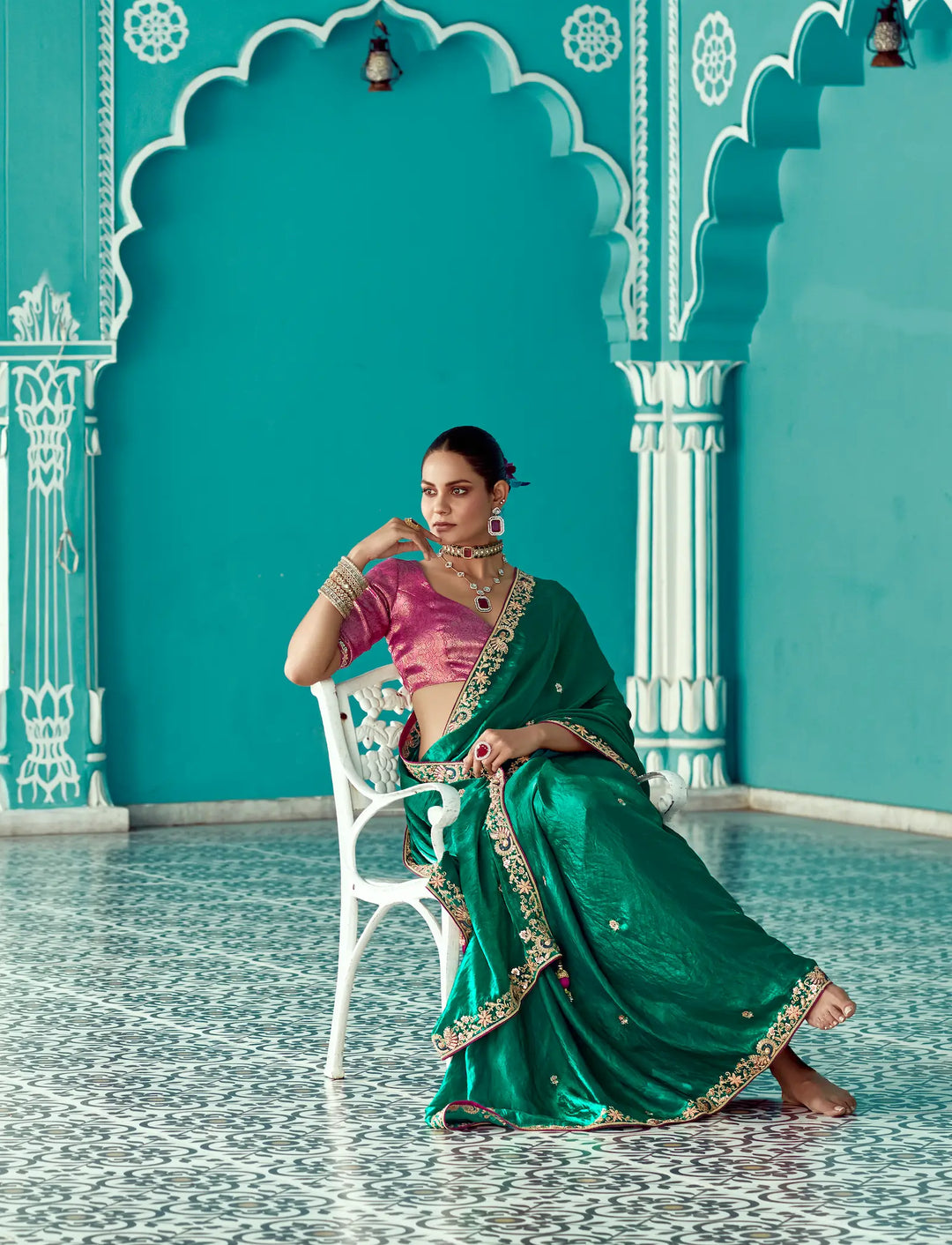 Green Organza Embroidery Work Party wear Saree - qivii