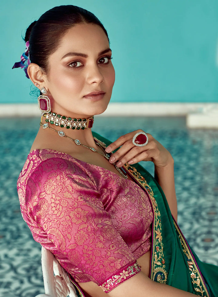 Green Organza Embroidery Work Party wear Saree - qivii