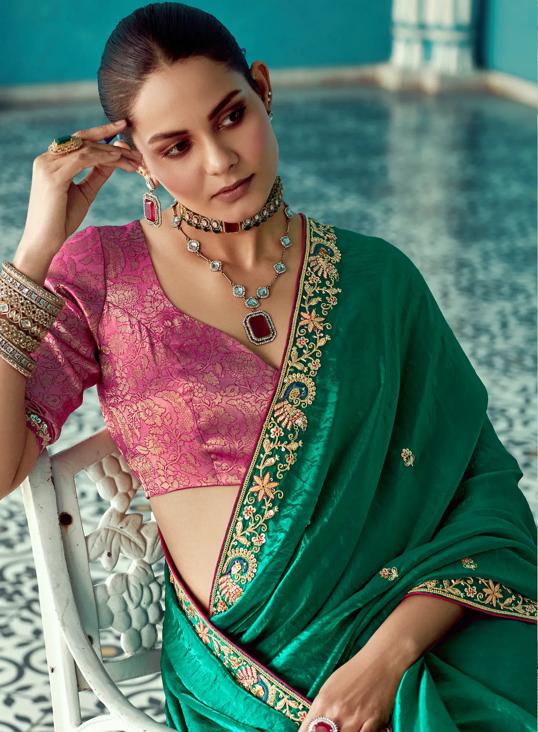 Green Organza Embroidery Work Party wear Saree - qivii