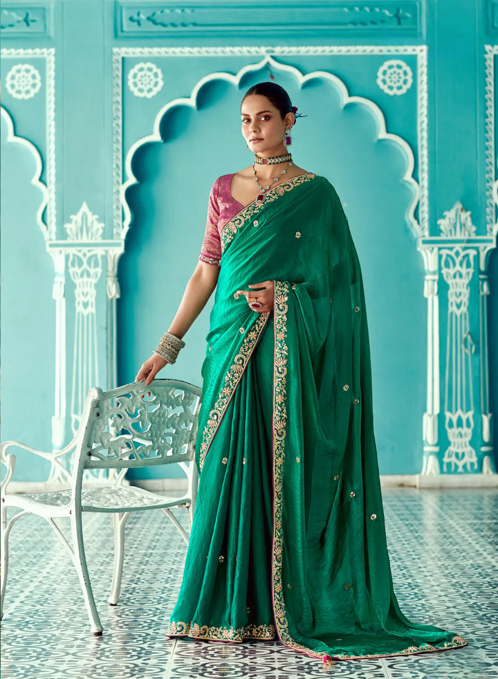 Green Organza Embroidery Work Party wear Saree - qivii