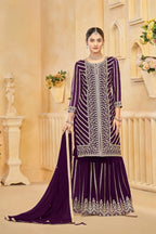 Wine Georgette Thread & Sequins Embroidery Work Sharara Set