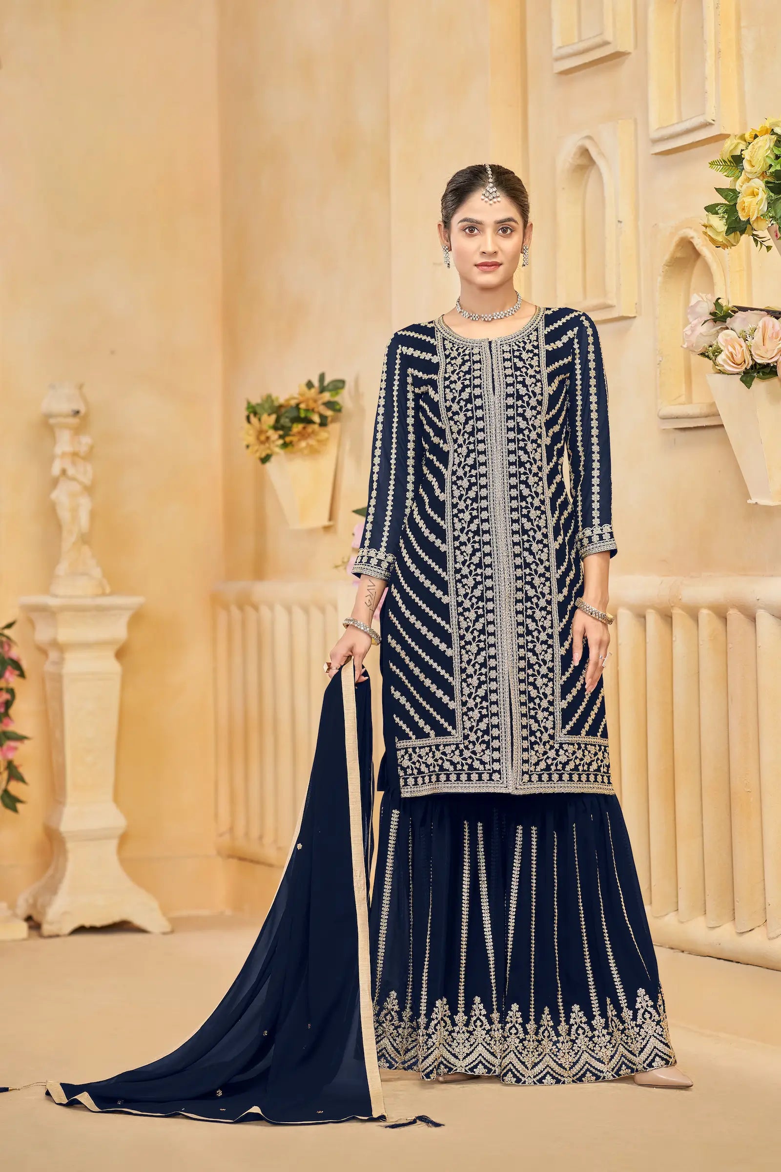 Navy Blue Georgette Thread & Sequins Embroidery Work Sharara Set