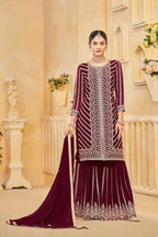 Maroon Georgette Thread & Sequins Embroidery Work Sharara Set