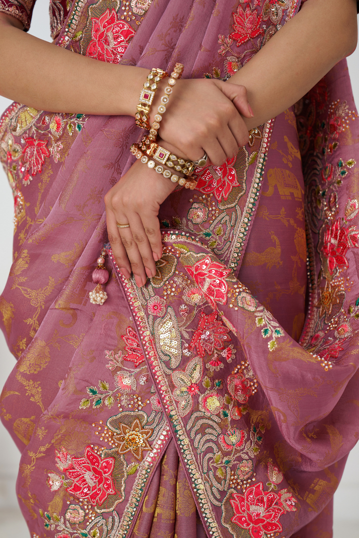Blushing Mauve: Multi-Thread Embroidered Saree with Floral Elegance - qivii