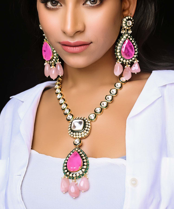  Beautifully Uneven Kundan Setting Long String With Rose Quartz Hanging