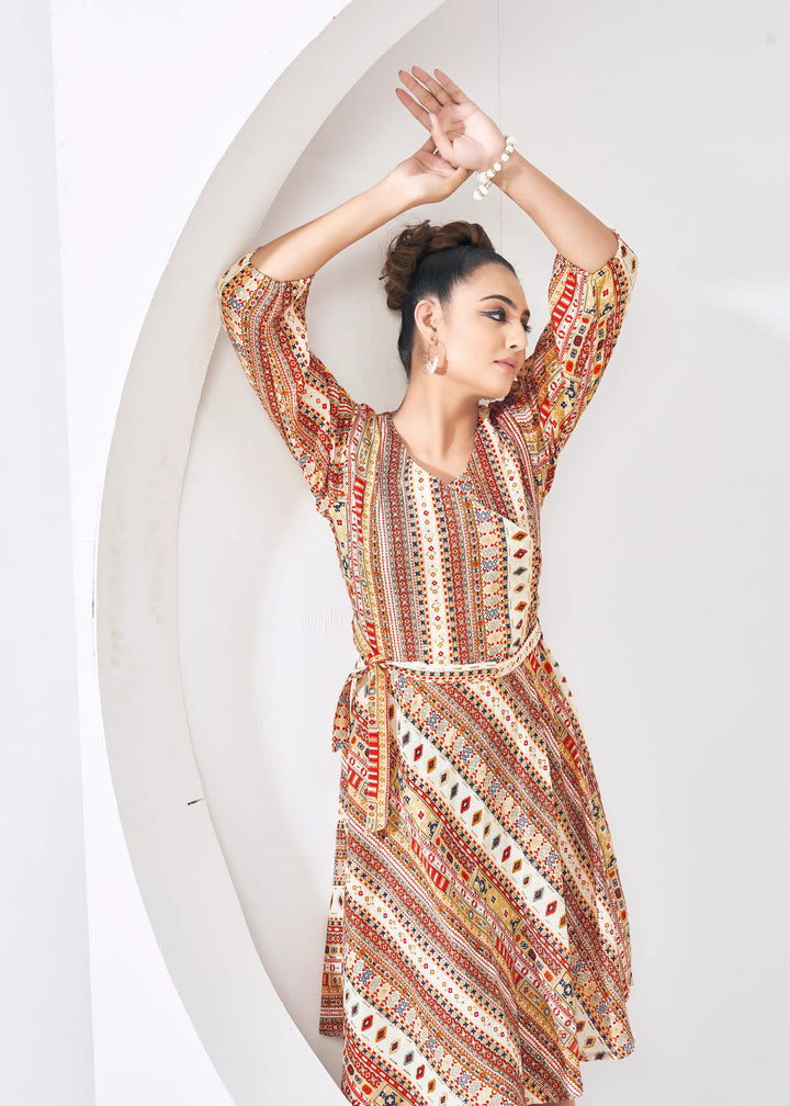 Reddish Orange Round Neck Kurta - qivii