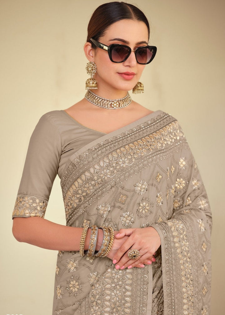 Seal Grey Designer Satin Georgette Saree with Gota & Resham work - qivii