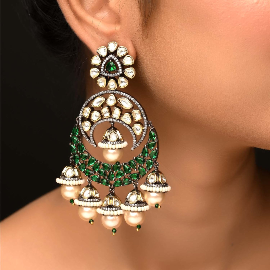 Mishika Green Rhodium Plated Victorian Earrings with intricate detailing and elegant design