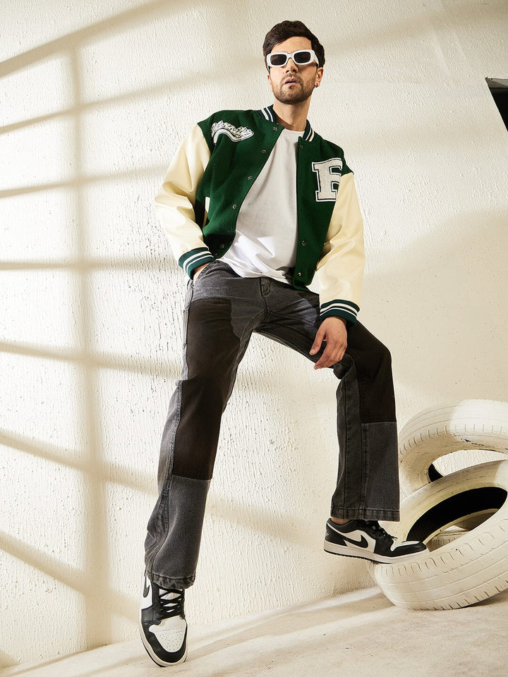 Green Woollen Faux Leather Sleeves Letterman Varsity Jacket