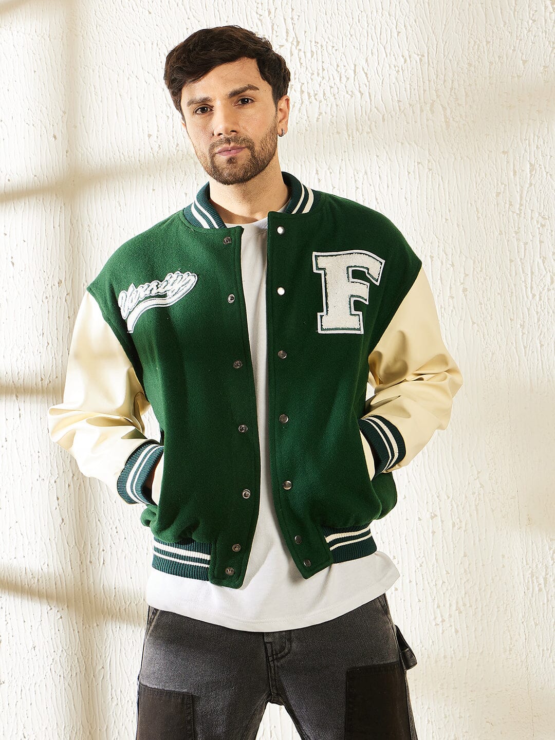 Green Woollen Faux Leather Sleeves Letterman Varsity Jacket