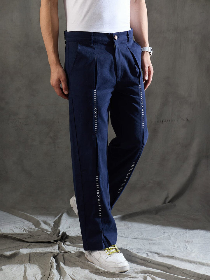 Navy Pleated Embroidered Trousers