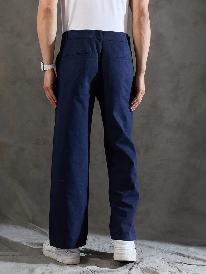 Navy Pleated Embroidered Trousers
