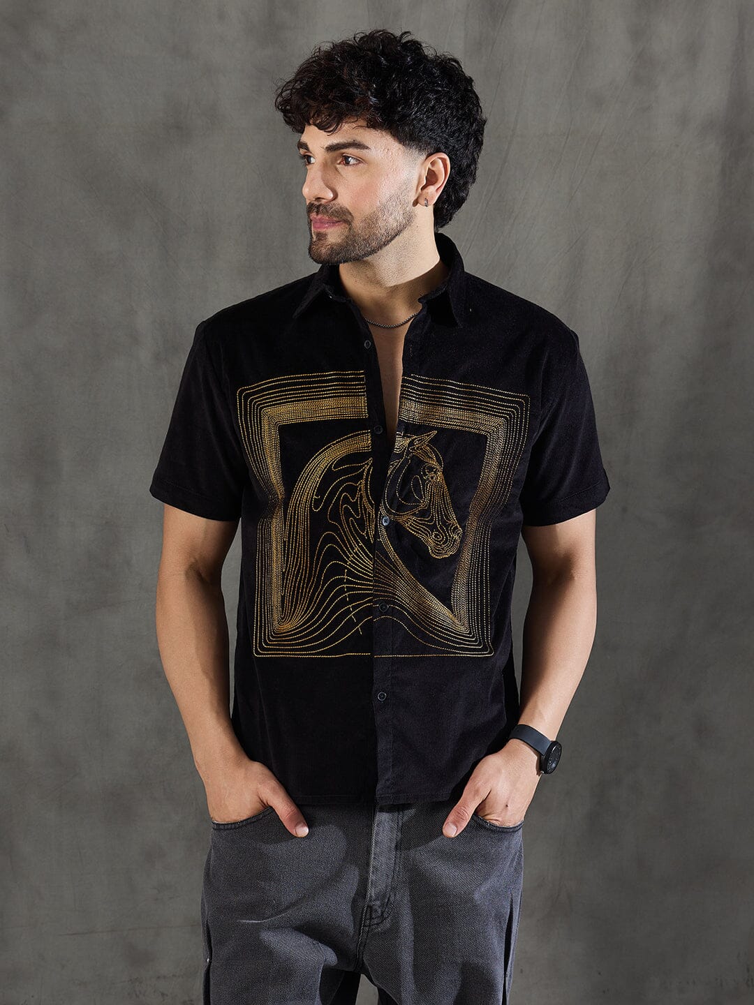 Black Corduroy Horse Embroidery Shirt