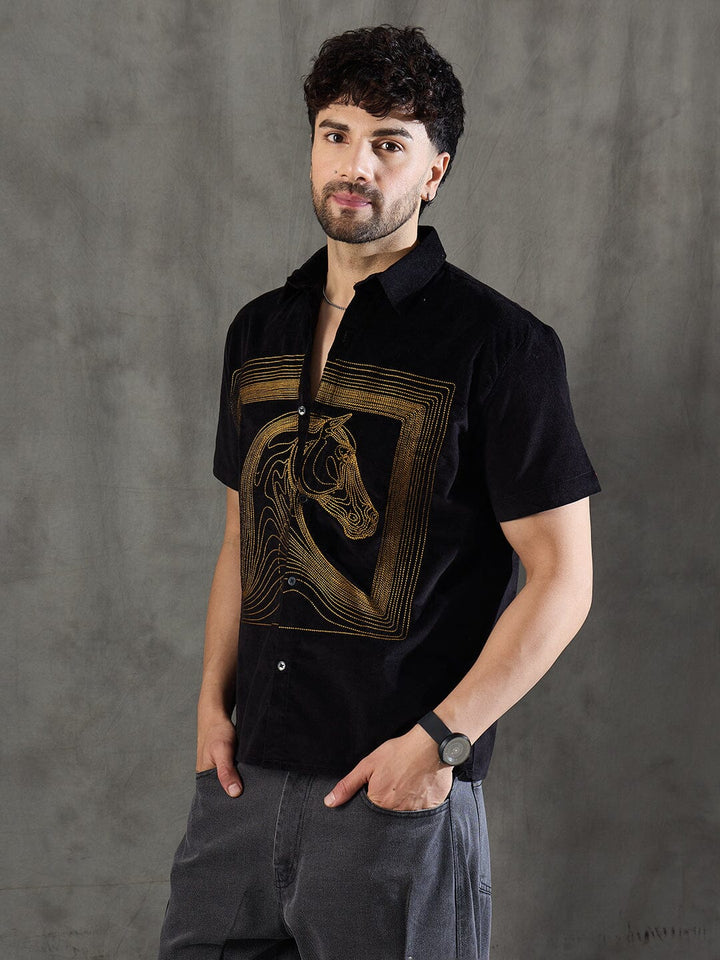 Black Corduroy Horse Embroidery Shirt