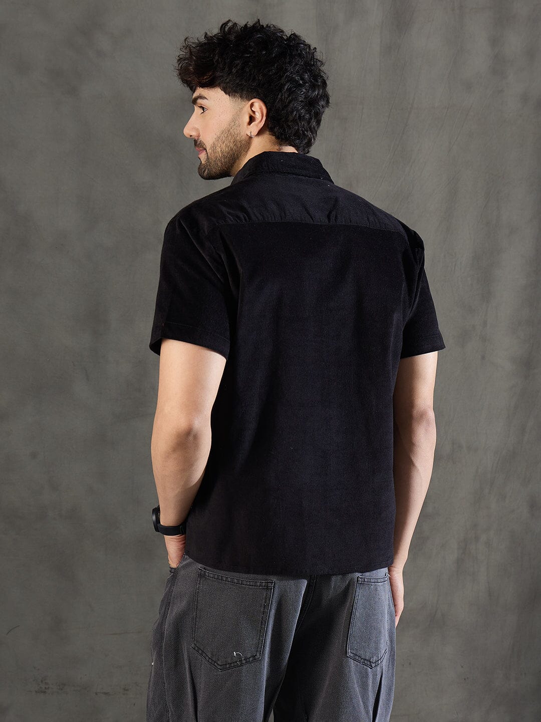 Black Corduroy Horse Embroidery Shirt