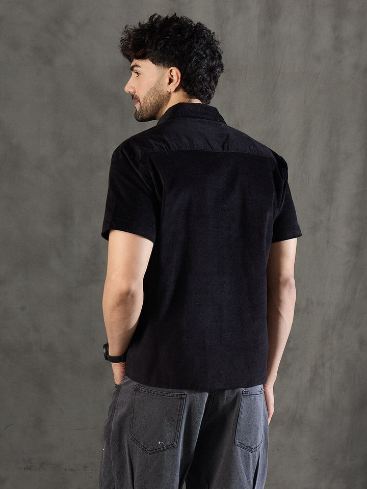 Black Corduroy Horse Embroidery Shirt