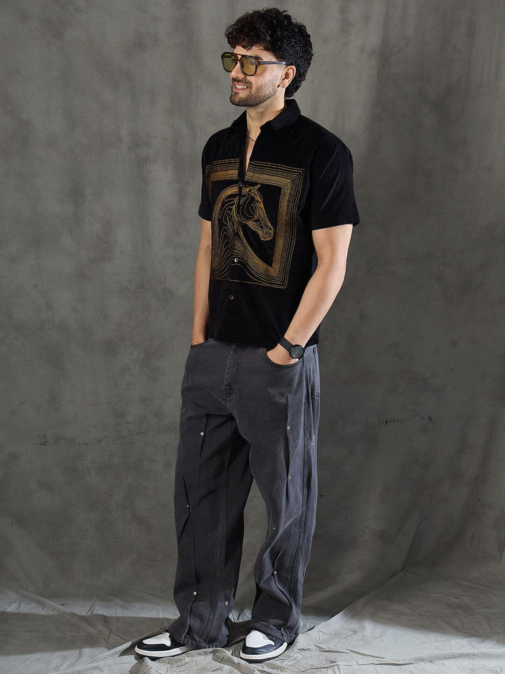 Black Corduroy Horse Embroidery Shirt