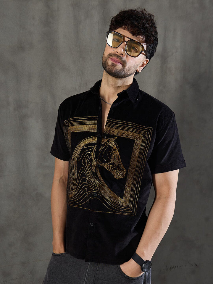 Black Corduroy Horse Embroidery Shirt