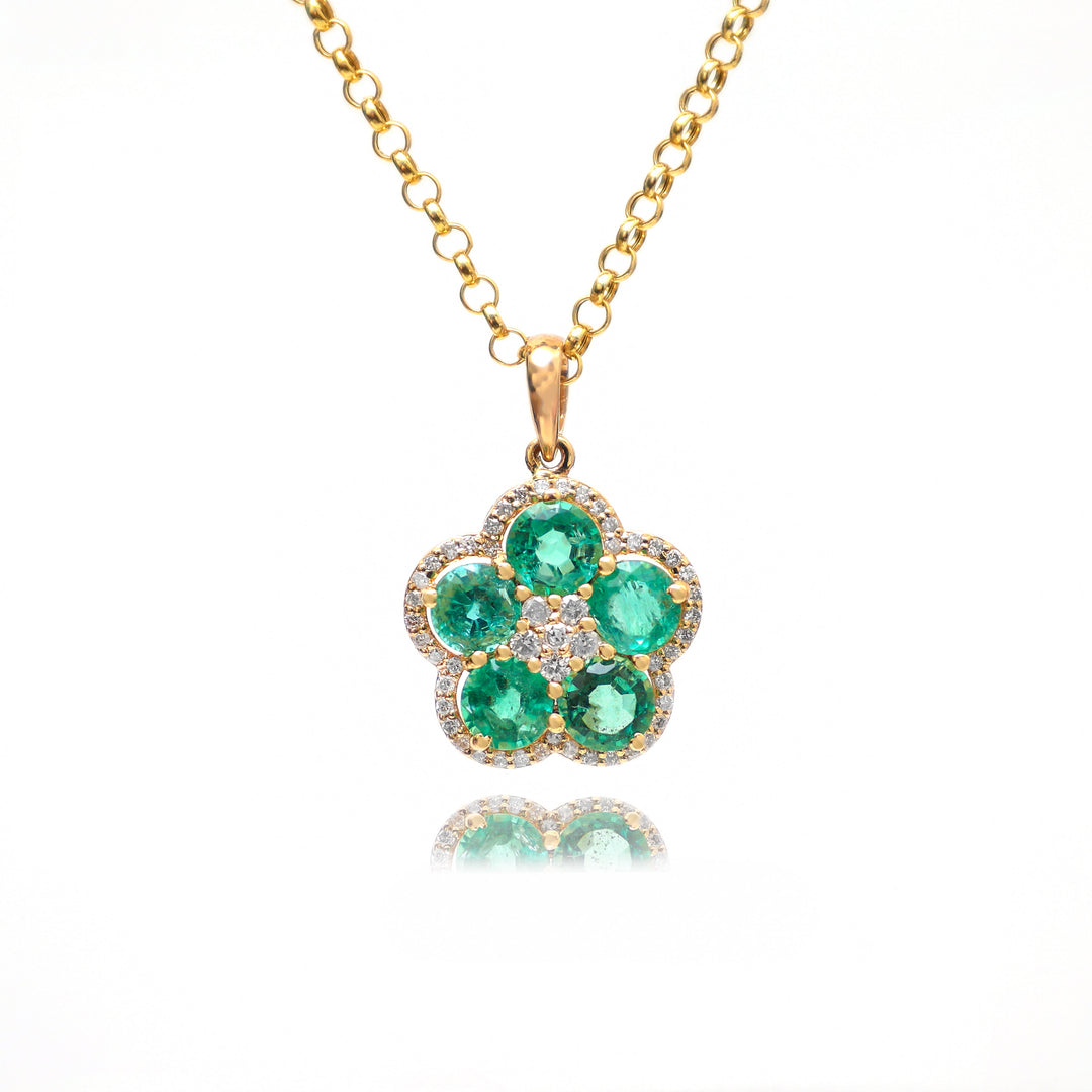 Emerald Round and Diamond Floral Pendant - qivii