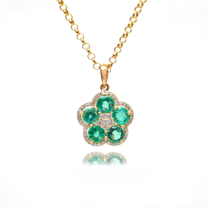 Emerald Round and Diamond Floral Pendant - qivii
