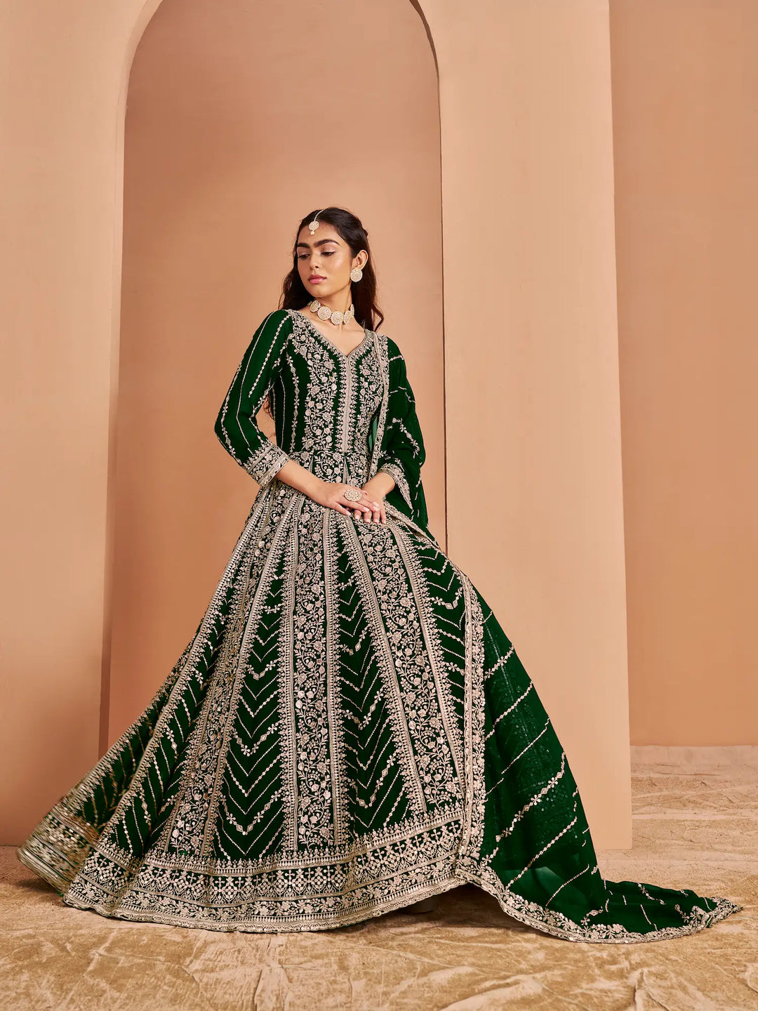 Green Georgette Gown With Sequence & Thread Embroidery Work - qivii