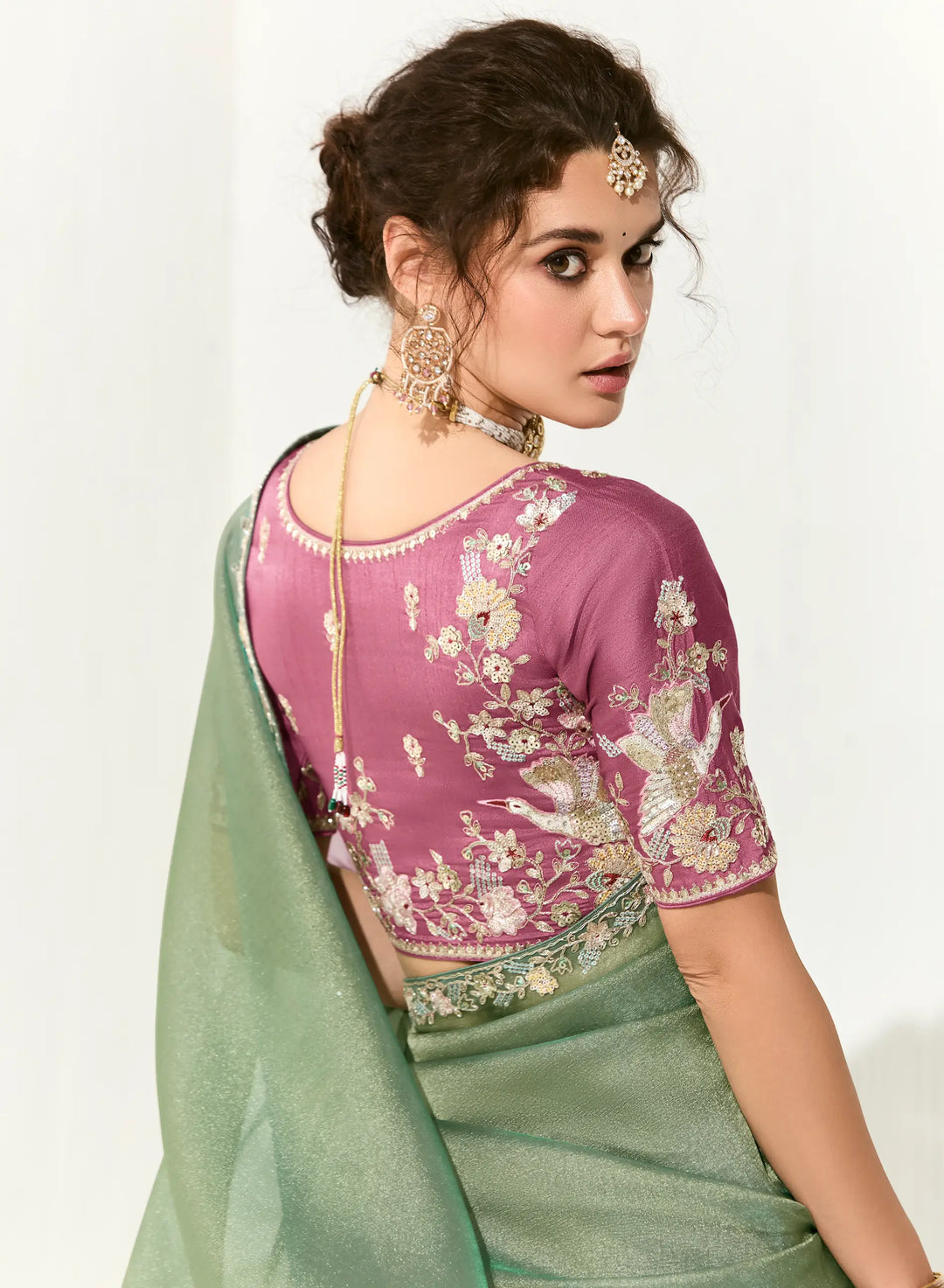 Sage Green Organza Saree Blouse With Heavy Embroidery work - qivii
