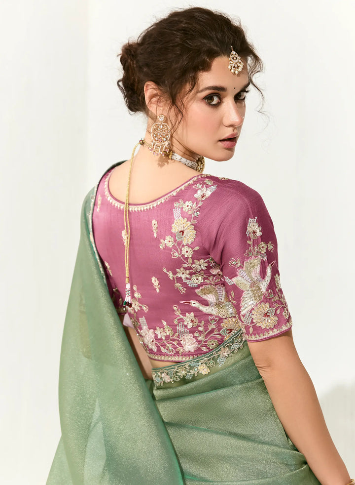 Sage Green Organza Saree Blouse With Heavy Embroidery work - qivii