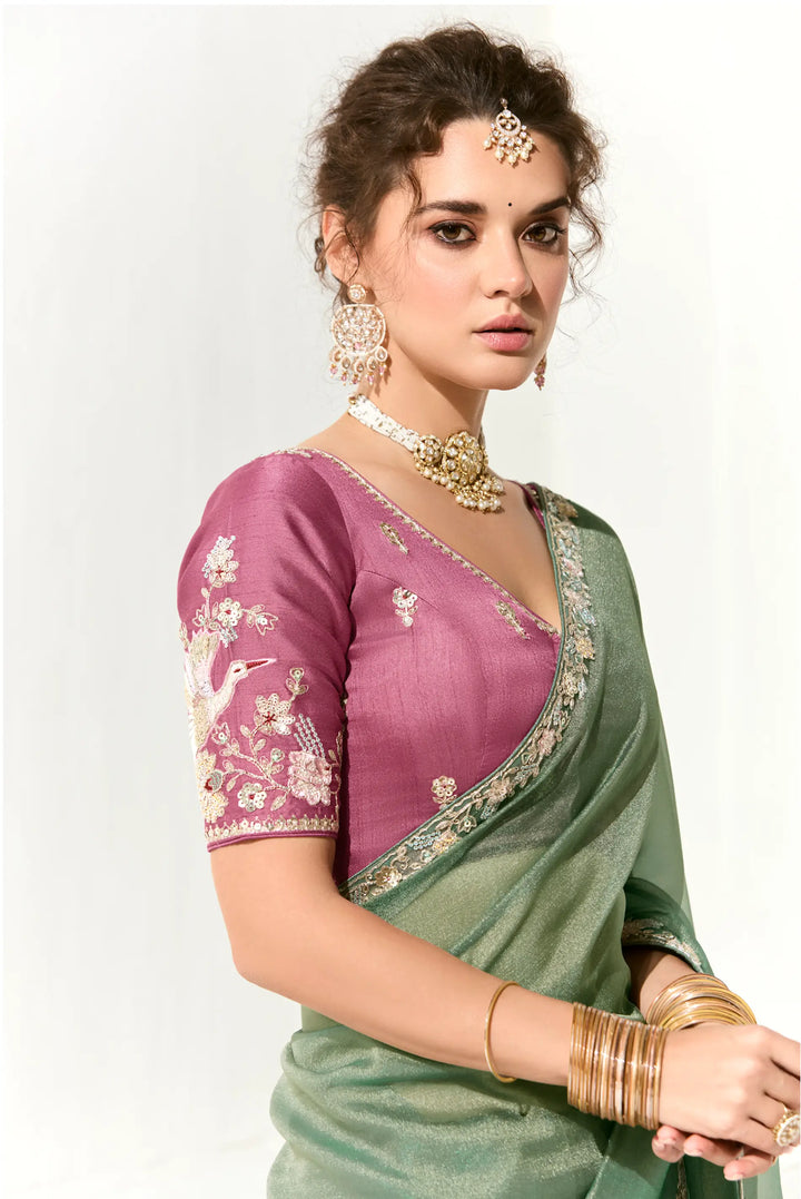Sage Green Organza Saree Blouse With Heavy Embroidery work - qivii
