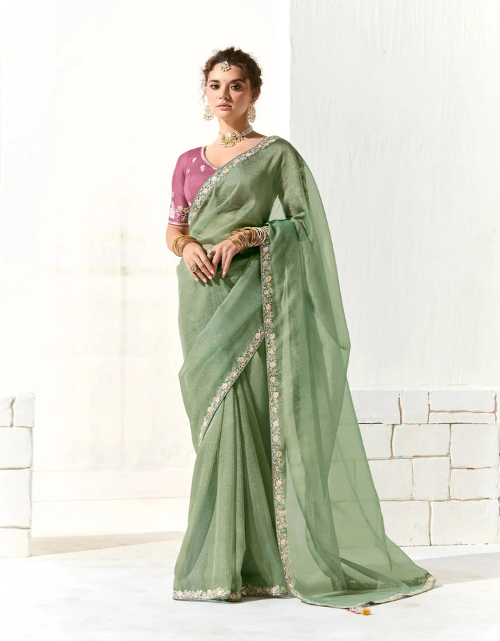 Sage Green Organza Saree Blouse With Heavy Embroidery work - qivii