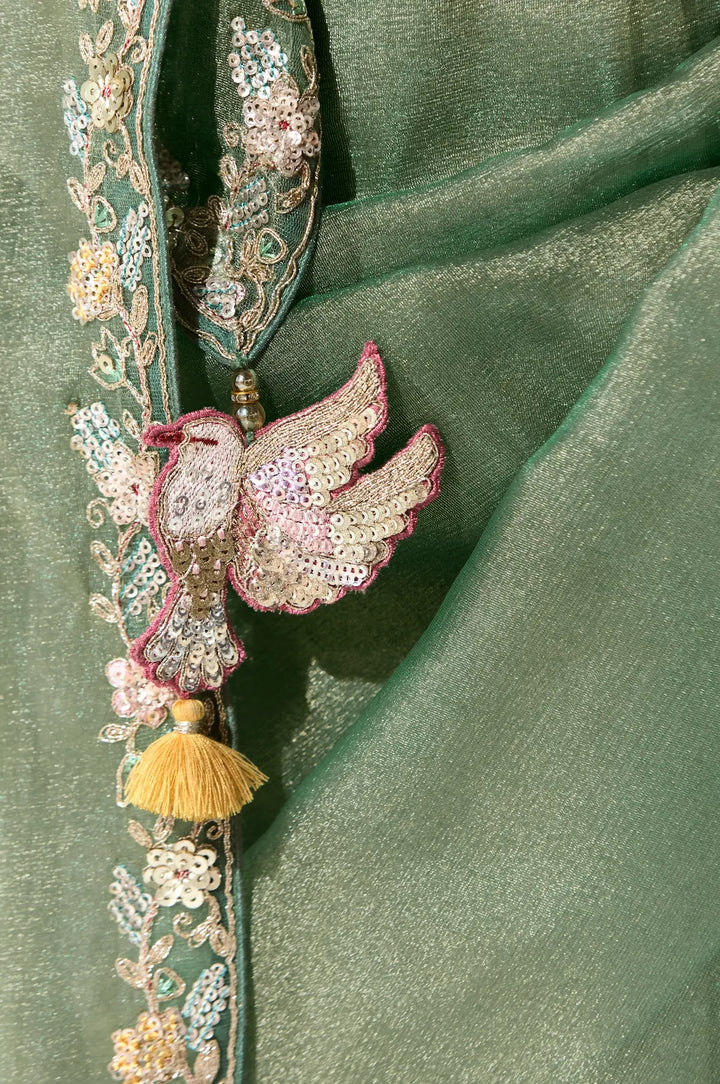 Sage Green Organza Saree Blouse With Heavy Embroidery work - qivii