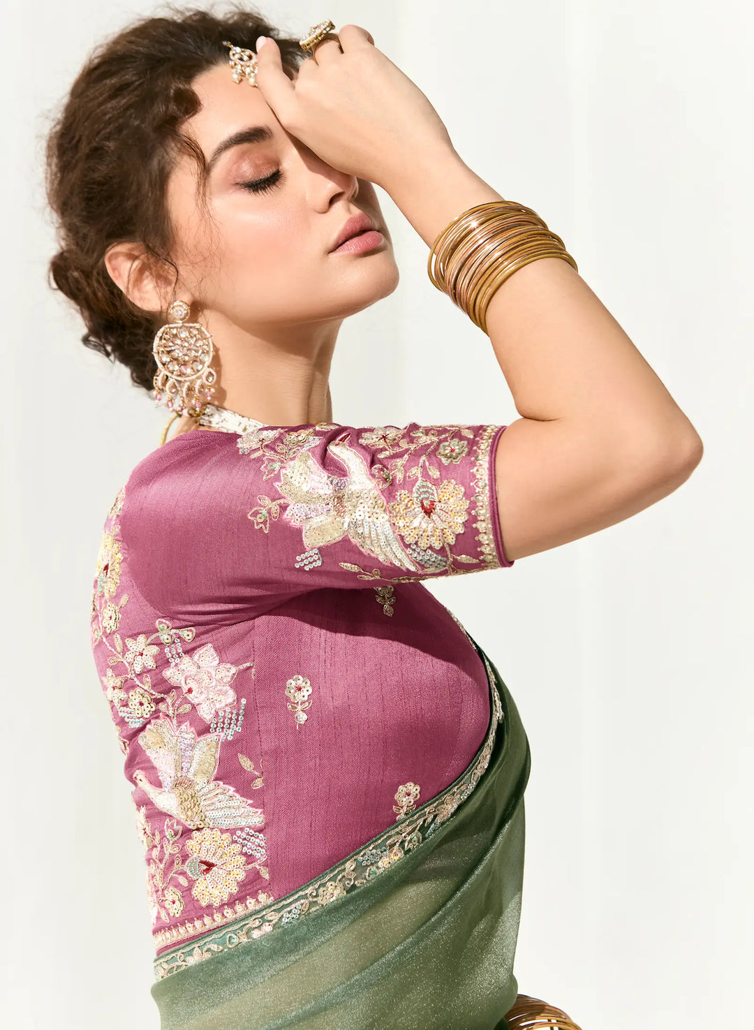 Sage Green Organza Saree Blouse With Heavy Embroidery work - qivii