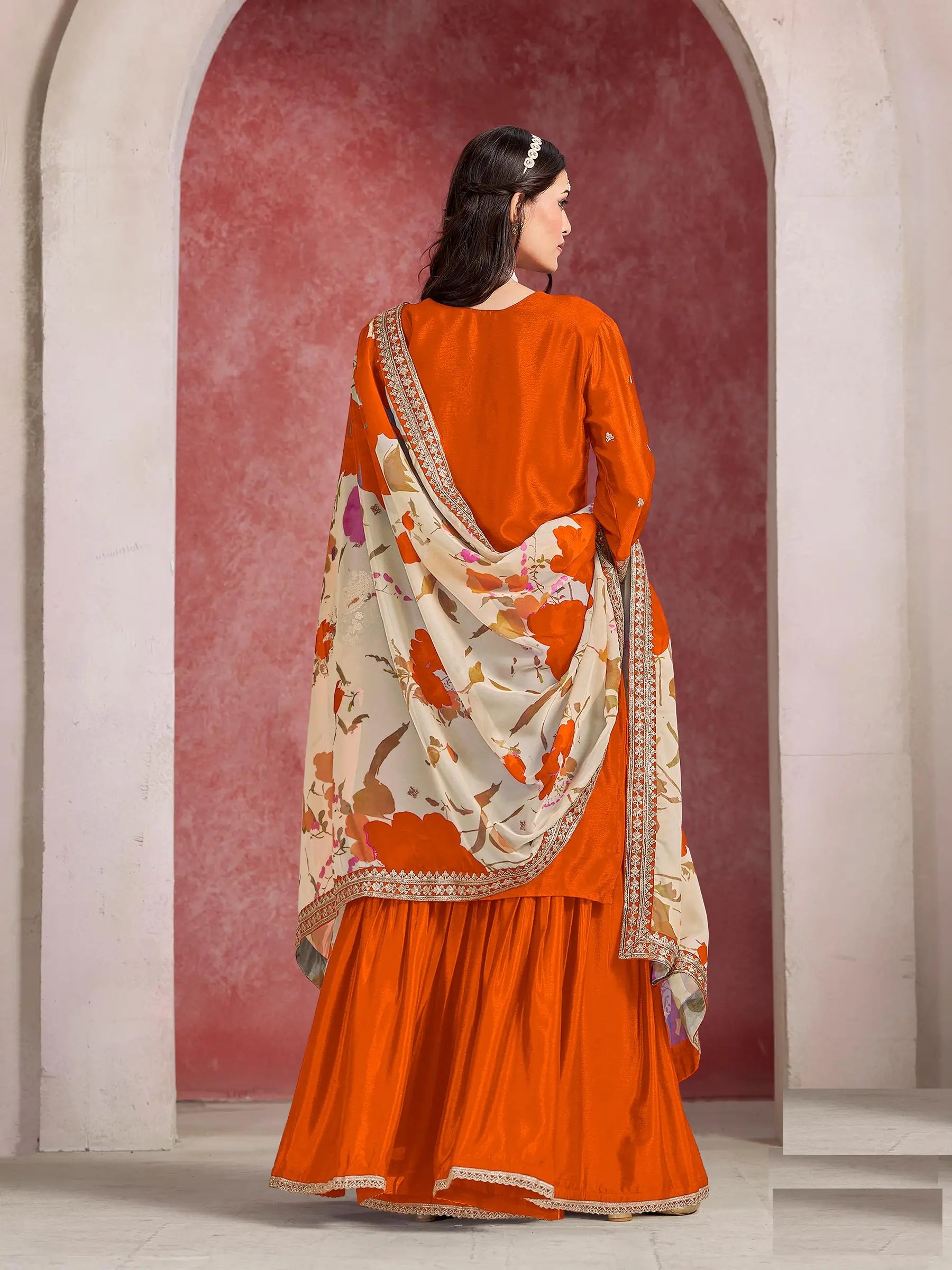 Orange Chinon Silk Sharara Set with Embroidered Top & Taby Silk Dupatta