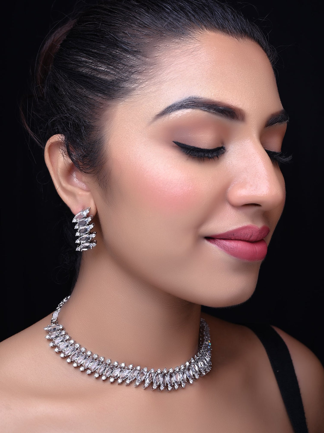 Stunning silver plated necklace set with complete American diamond and fancy cut shape stone neckline 