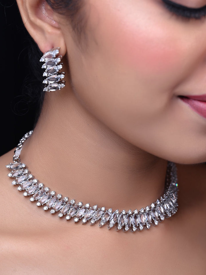  Elegant American diamond and stone necklace set with stylish earrings in silver plated brass metal 