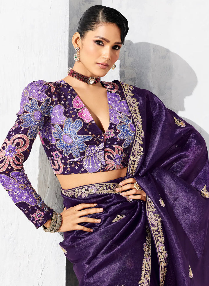 Dark Purple Glass Tissue Embroidery Party Wear Saree - qivii
