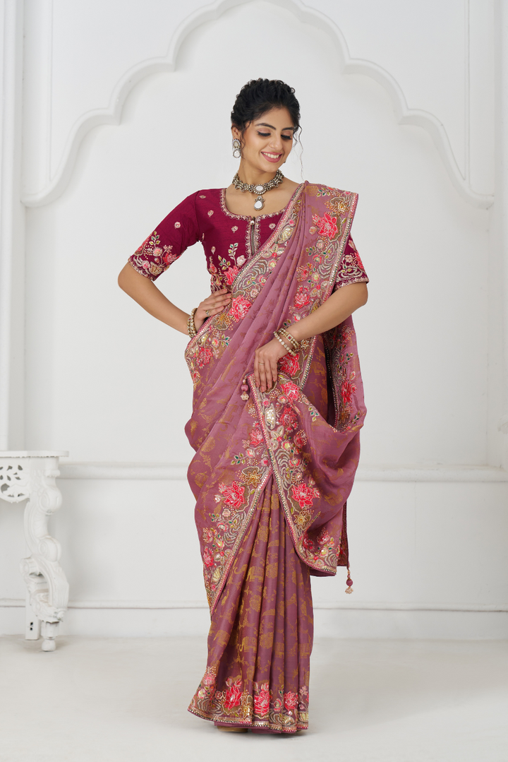 Blushing Mauve: Multi-Thread Embroidered Saree with Floral Elegance - qivii