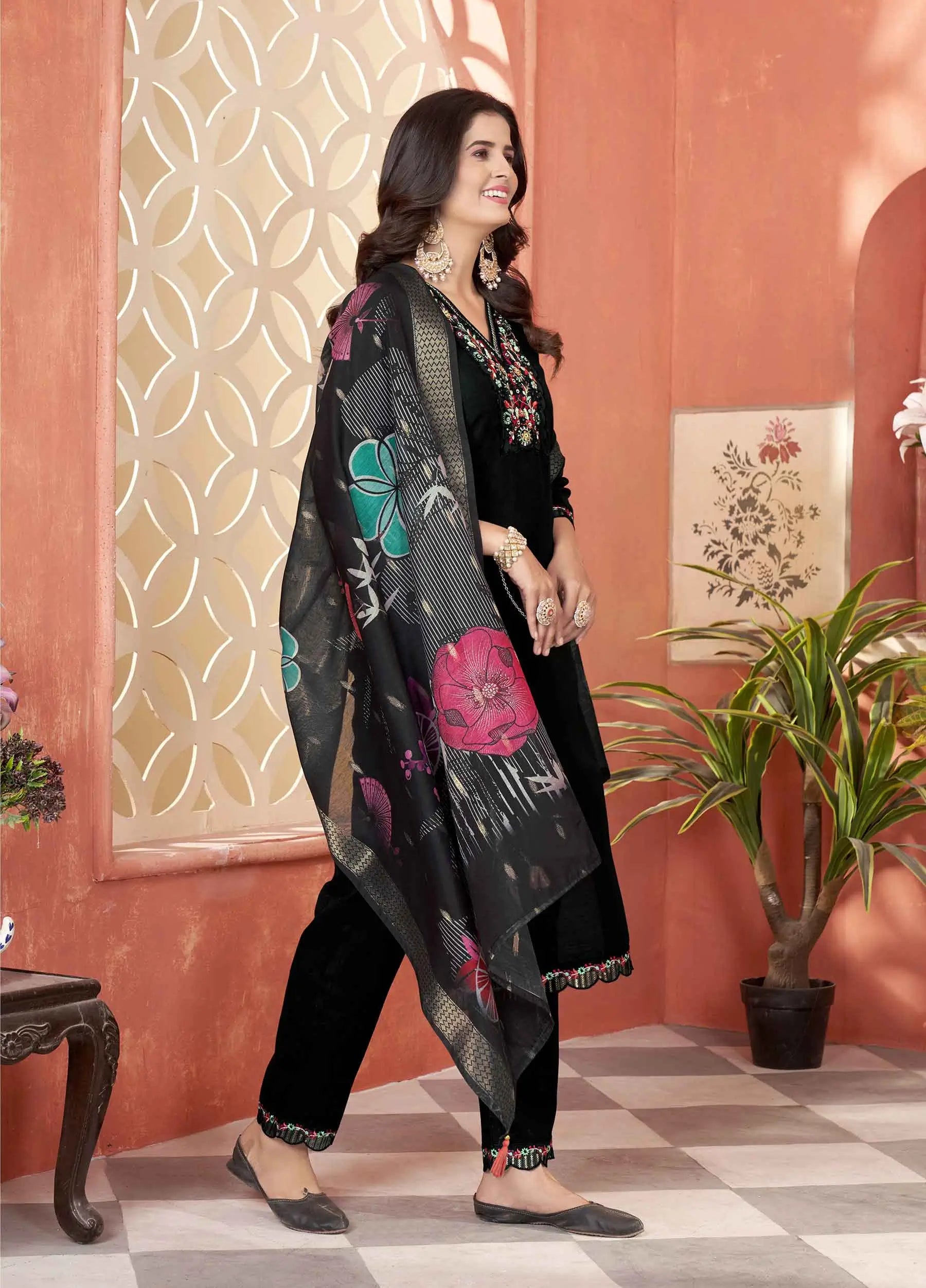 Designer Black Embroidery With Hand Work Salwar Suit With Dupatta