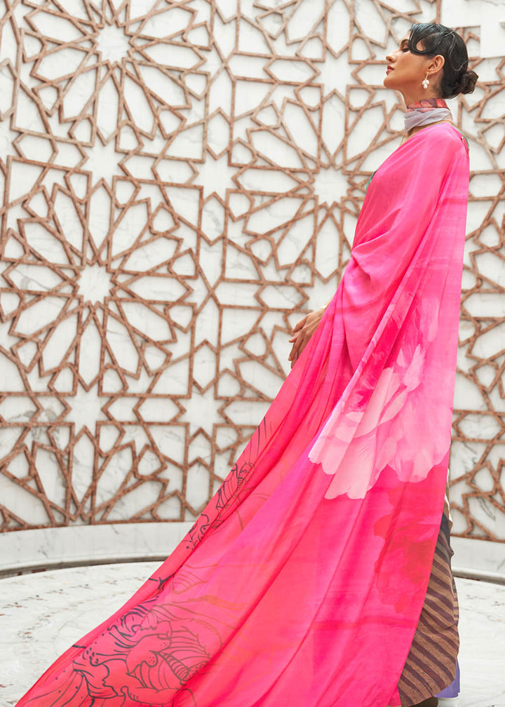Hot Pink Digital Printed Crepe Silk Saree - qivii