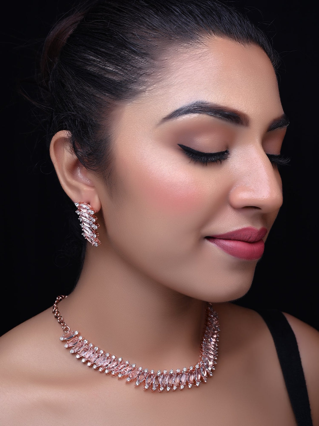 Saniya American Diamond Rose Gold Plated Necklace Set with complete AD and fancy cut stone necklace