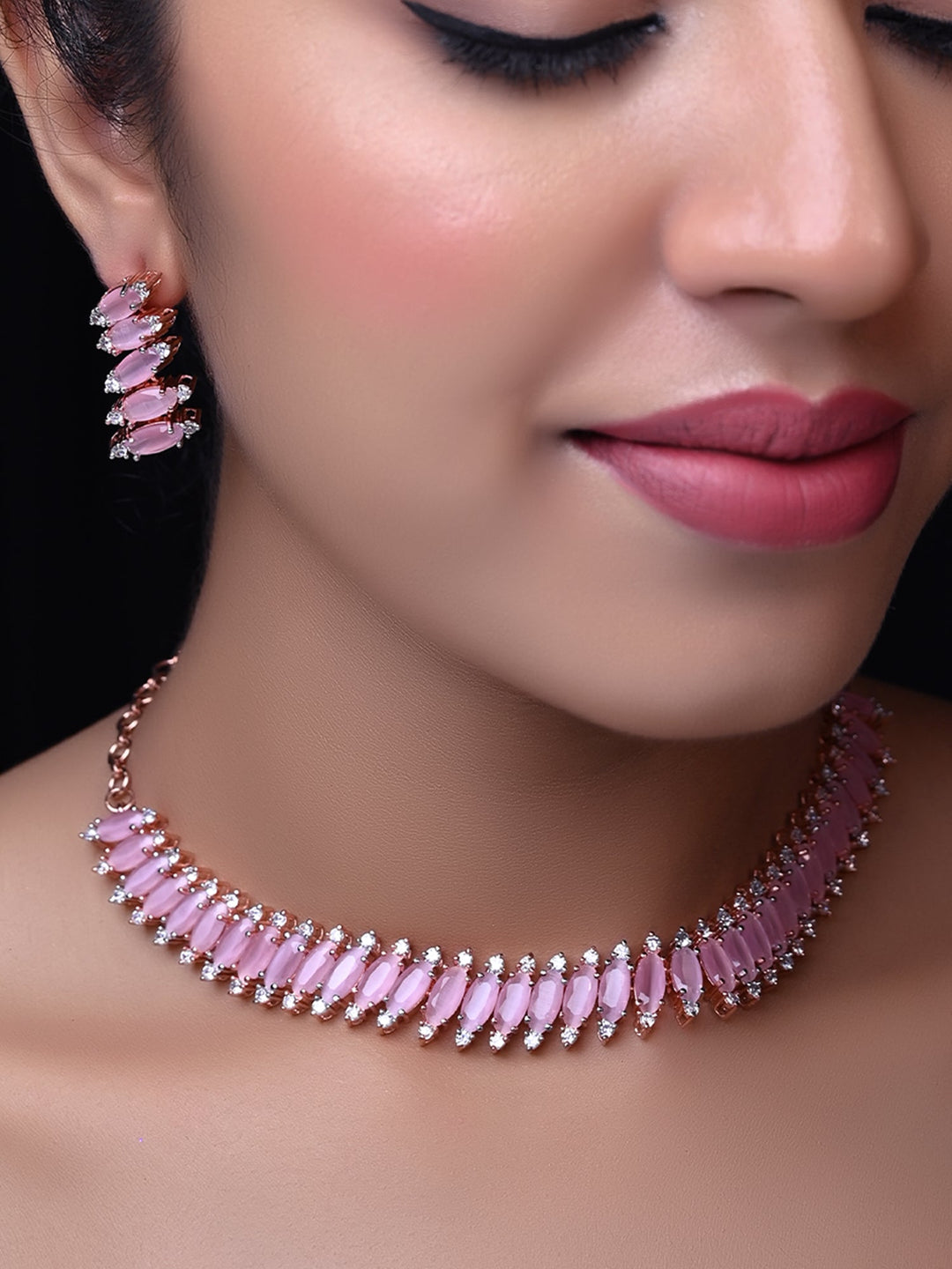  Rose gold plated brass metal necklace set with stunning earrings