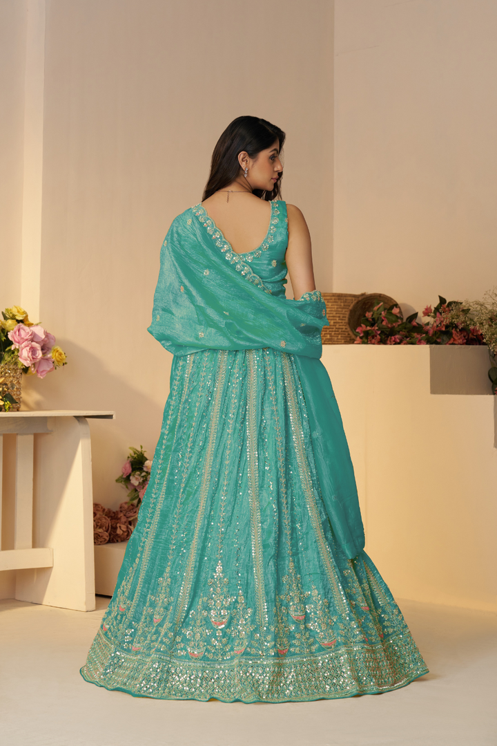 Sky Blue Silk Bridal Lehenga with Intricate Paisley Motifs and Embroidery - qivii