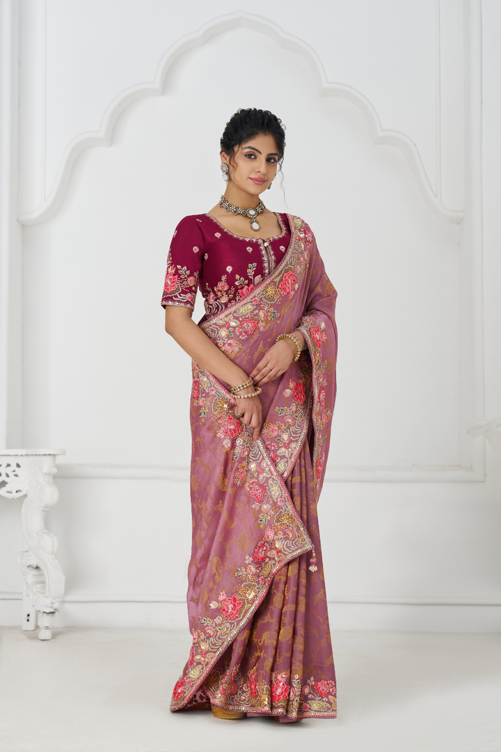 Blushing Mauve: Multi-Thread Embroidered Saree with Floral Elegance - qivii