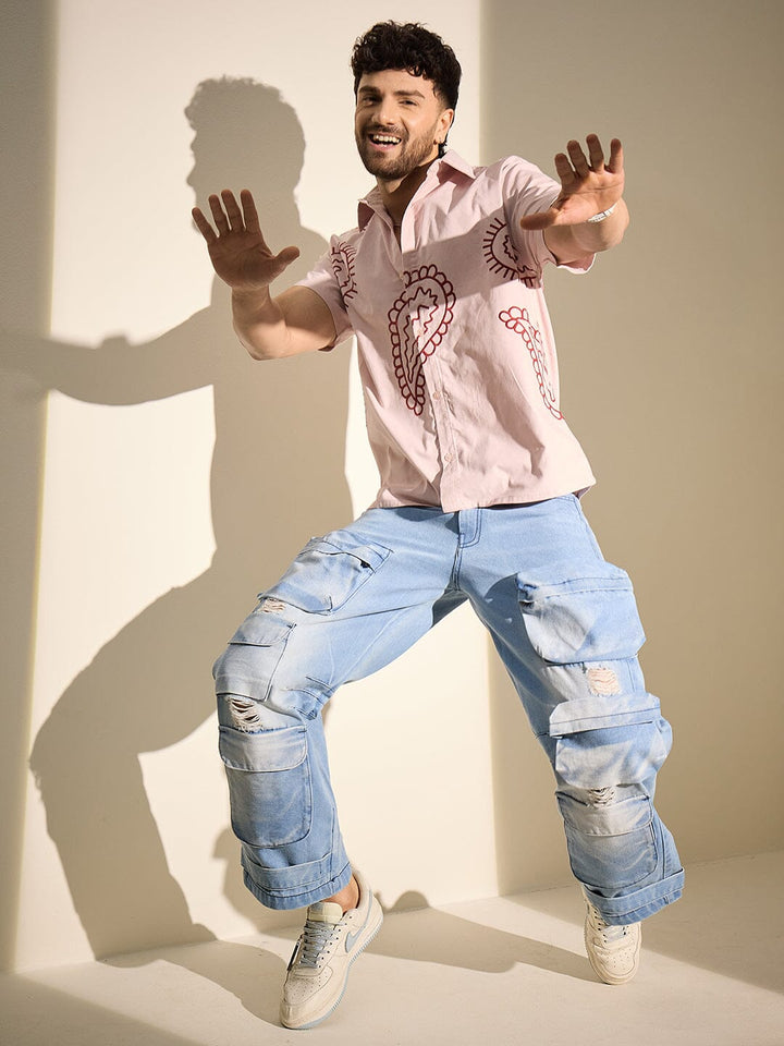 Baby Pink Paisley Embroidery Shirt