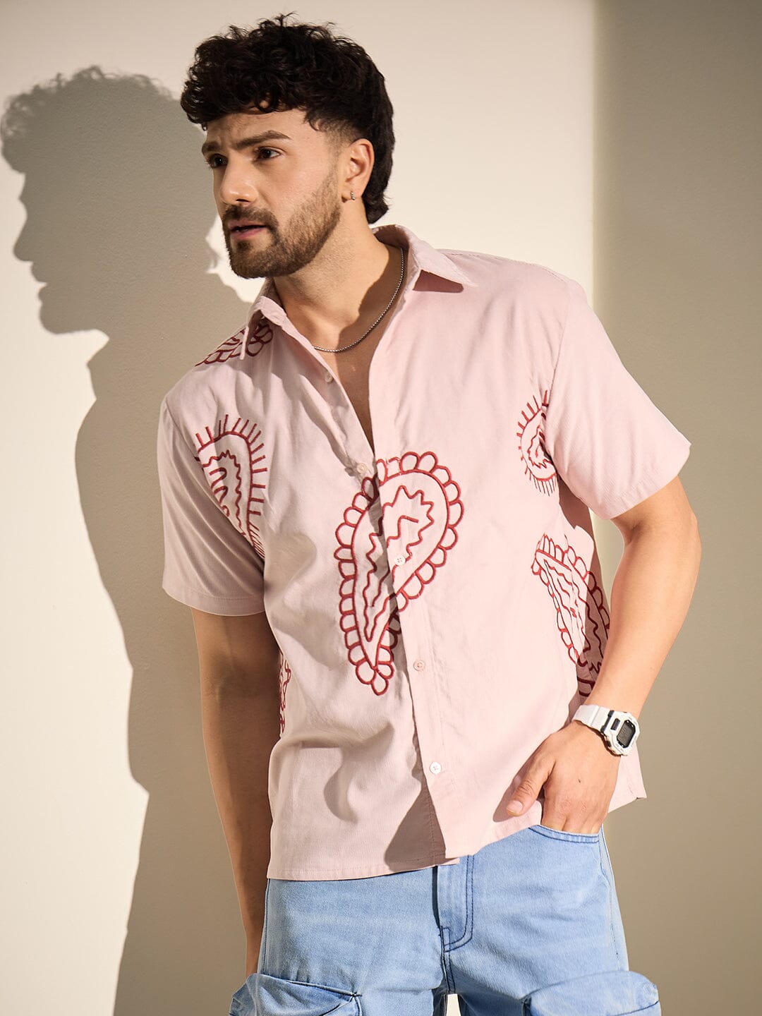 Baby Pink Paisley Embroidery Shirt